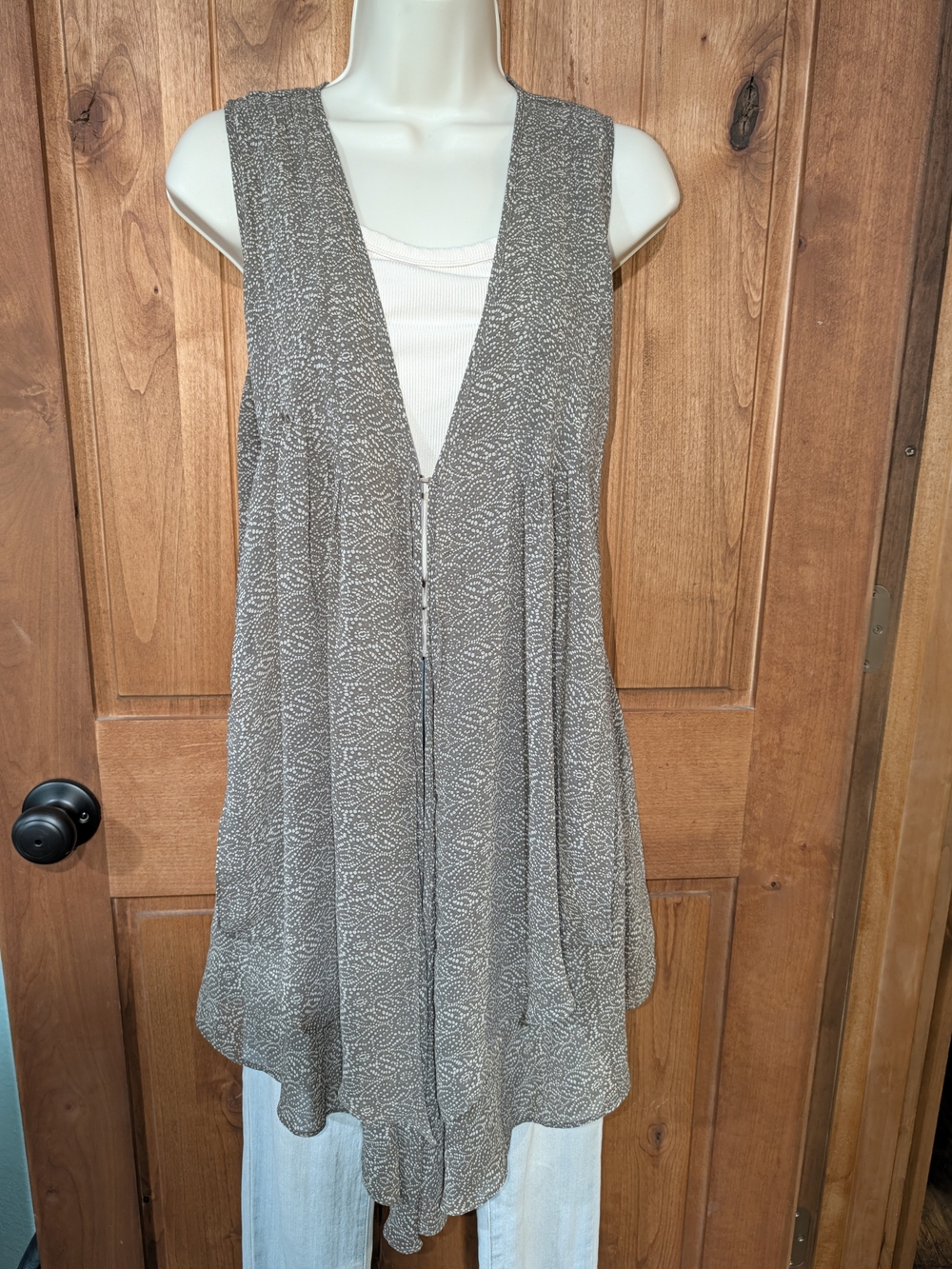 CAbi Taupe Printed Sleeveless V-Neck Long Length Vest
